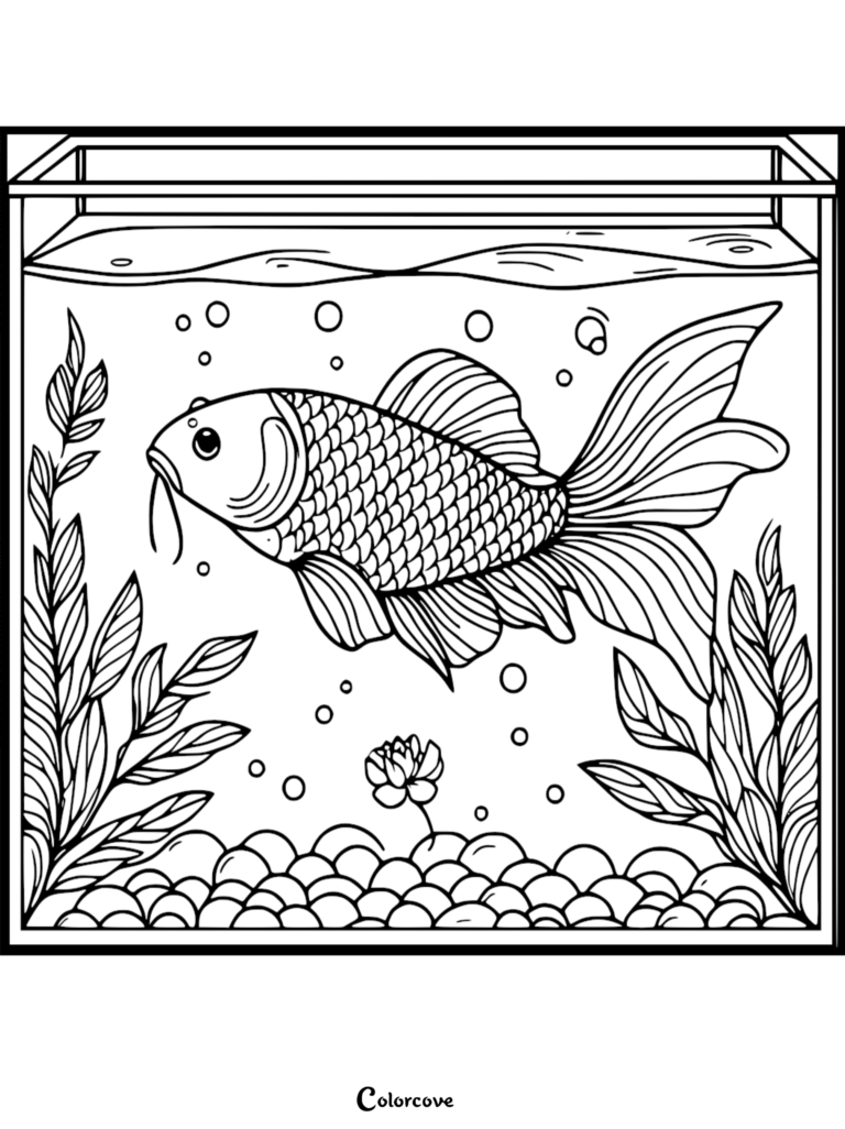 A detailed Koi coloring page featuring a fish swimming in an aquarium with aquatic plants and bubbles.