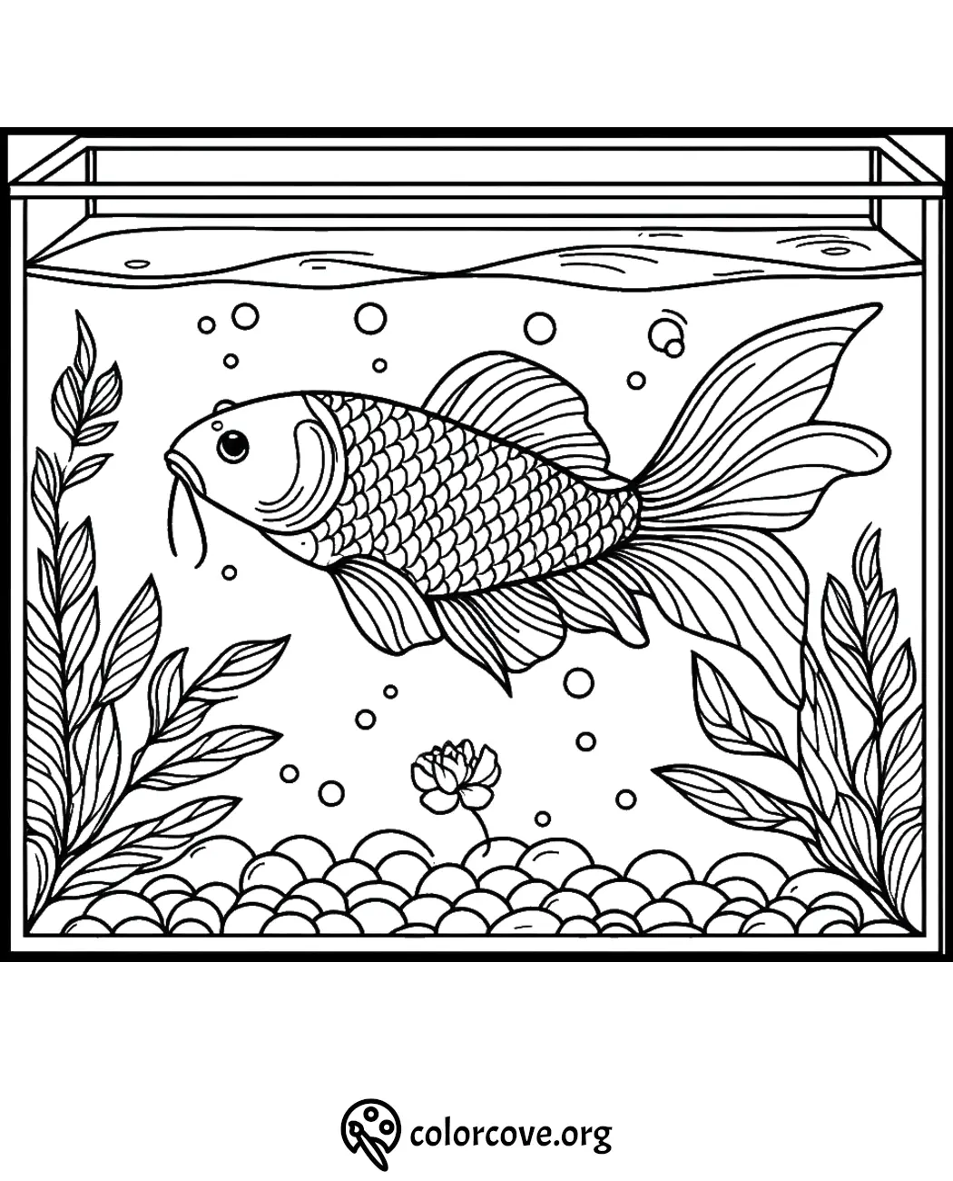 Koi fish aquarium coloring page with plants and bubbles, perfect for relaxation and creativity.