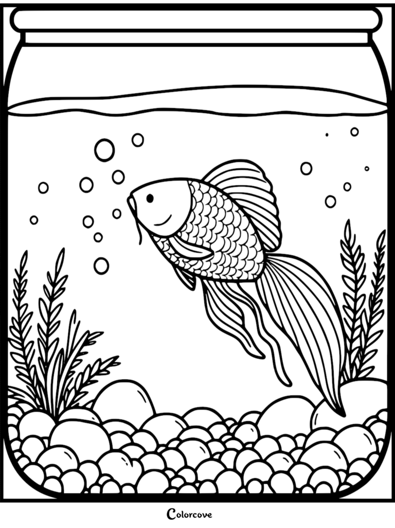 A printable Koi fish in a fishbowl coloring page featuring aquatic plants and pebbles.