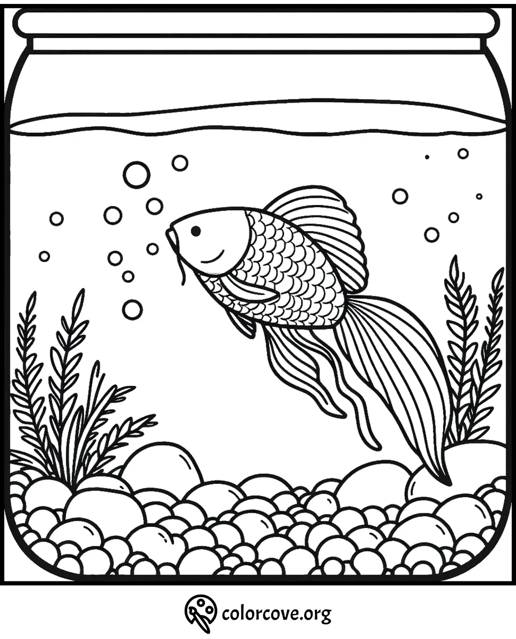 Goldfish coloring page with detailed scales, bubbles, and aquatic plants in a bowl. Perfect for kids and art enthusiasts.