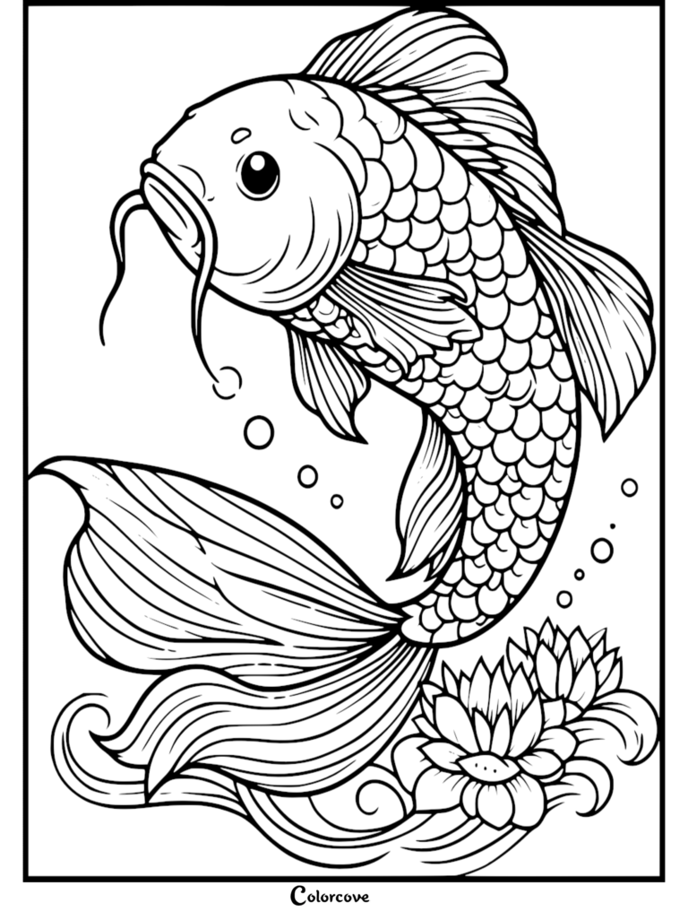A detailed koi fish swimming past lotus flowers in this printable coloring page.