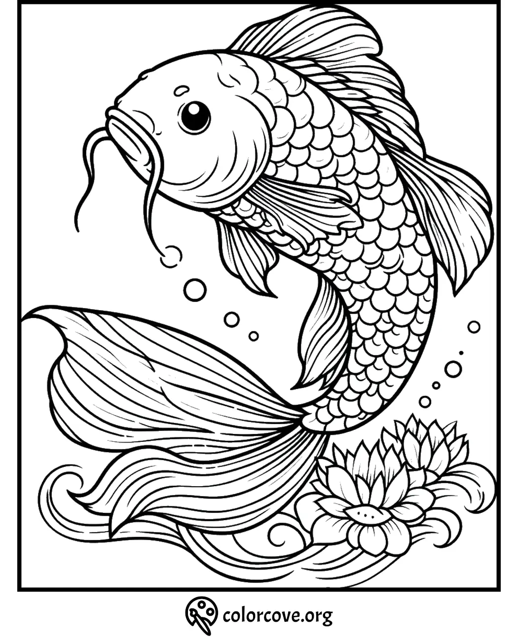 Coloring page of a detailed koi fish and lotus flowers, ideal for relaxation and creativity.