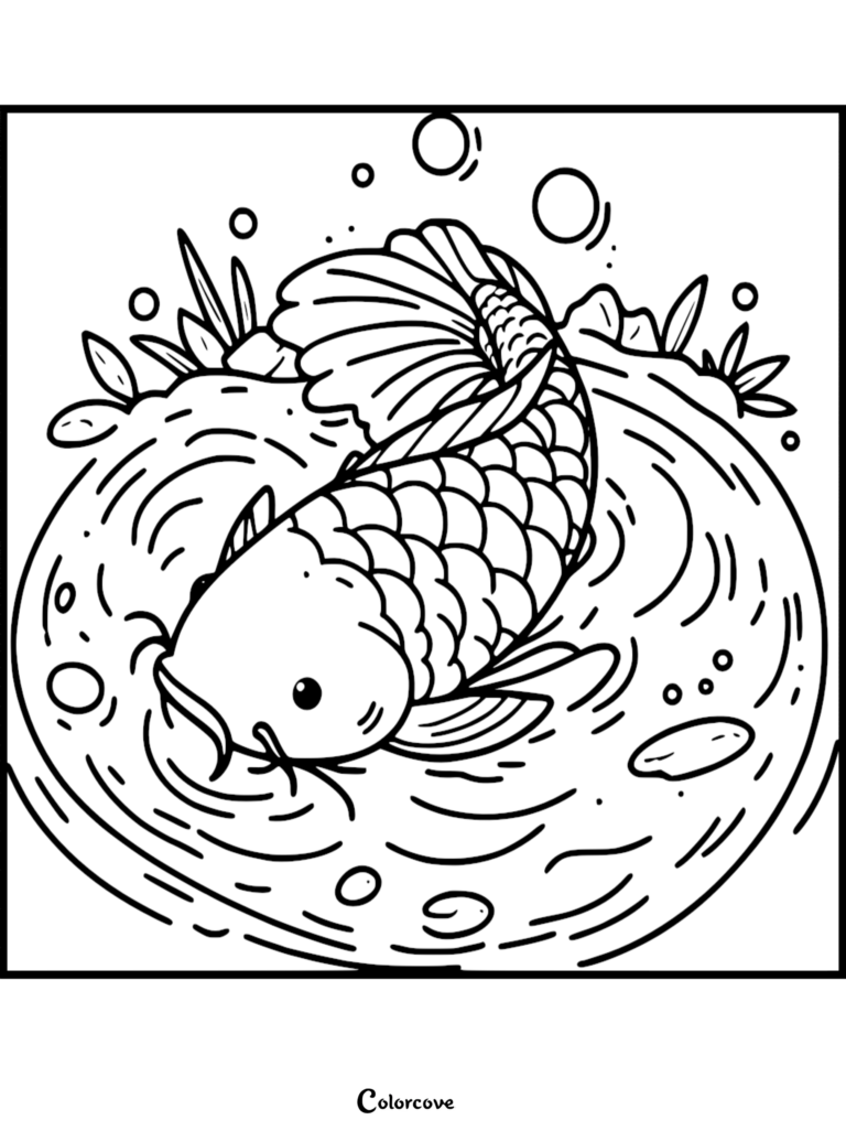 A cute koi fish swimming in a circular pond with ripples and bubbles in this free printable coloring page.