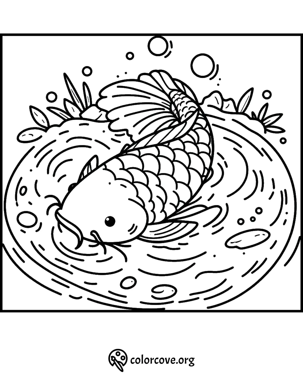 Koi fish coloring page illustration with water and plants, perfect for relaxation and creativity.