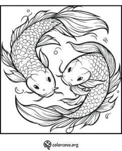 Koi fish yin yang coloring page with intricate scales and flowing fins, perfect for mindful coloring enthusiasts.