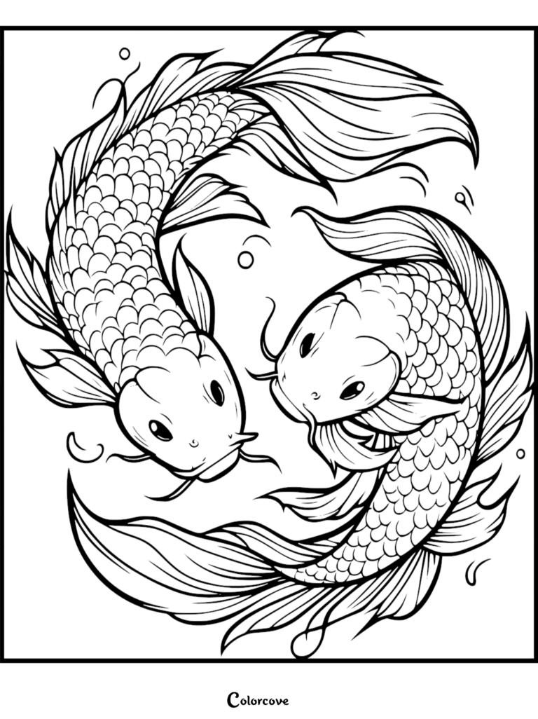 Two koi fish swimming in a circular pattern on this free printable coloring page.