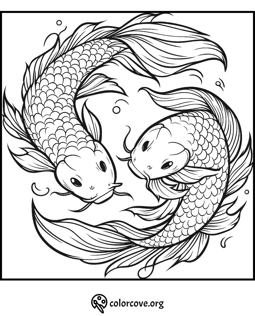 Koi fish yin yang coloring page with intricate scales and flowing fins, perfect for mindful coloring enthusiasts.