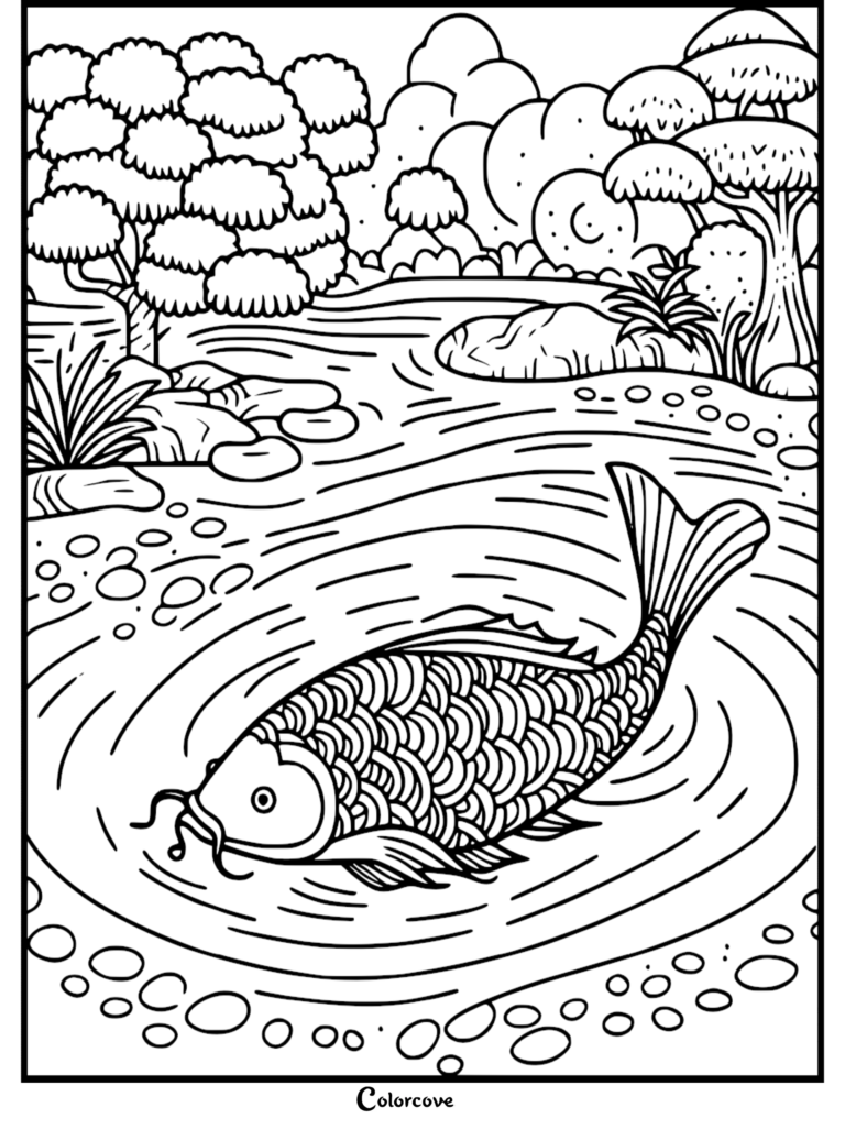 A detailed Koi coloring page featuring a patterned fish swimming in a serene pond with trees and rocks.