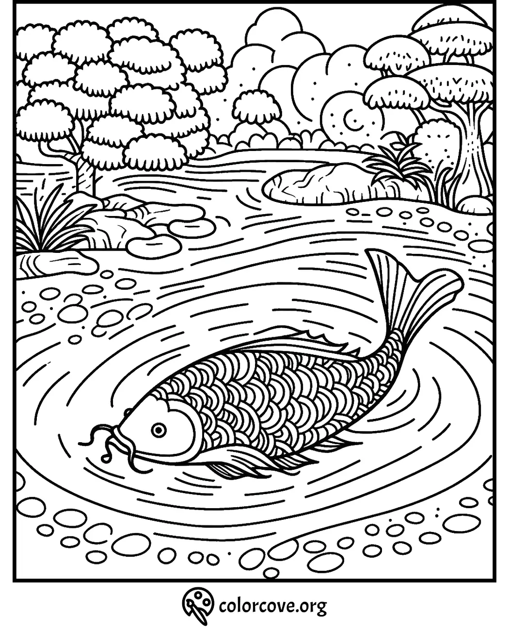 Koi fish swimming in a tranquil pond surrounded by lush trees and stones, coloring page outline.