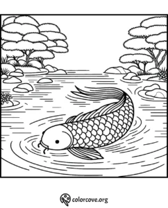 Koi fish in a serene pond, surrounded by trees and stones. Printable coloring page from colorcove.org.
