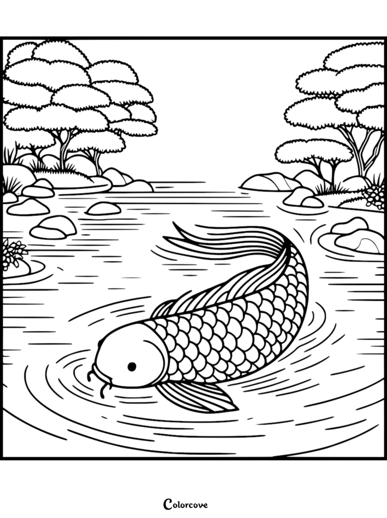 A detailed koi fish swimming in a serene pond with trees and rocks in this free printable coloring page.