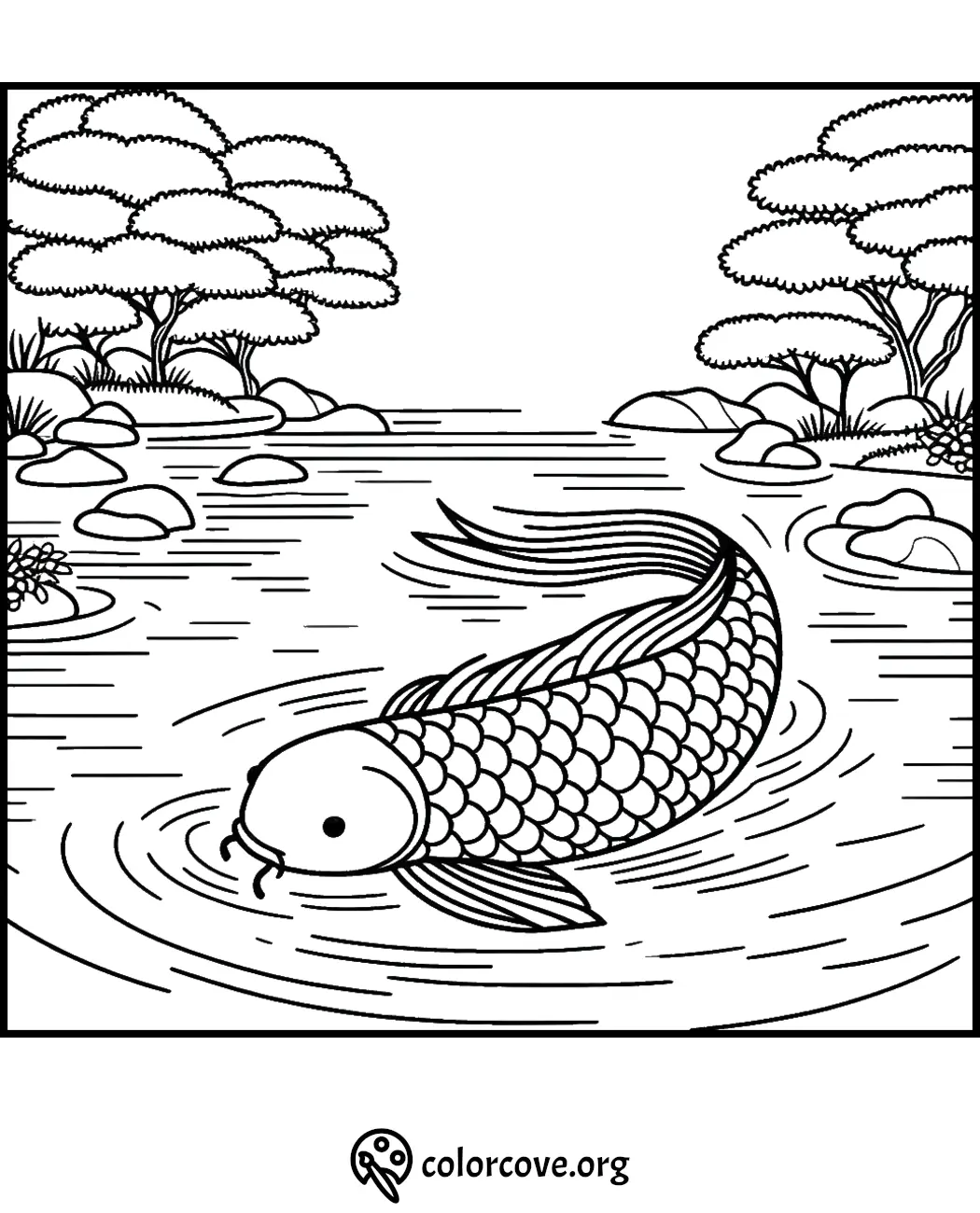 Koi fish in a serene pond, surrounded by trees and stones. Printable coloring page from colorcove.org.