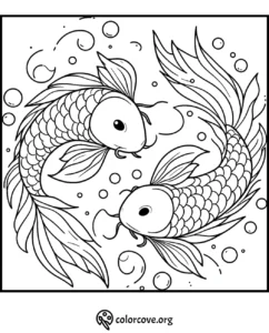 Coloring page featuring two koi fish swimming among bubbles in a circular, harmonious design.
