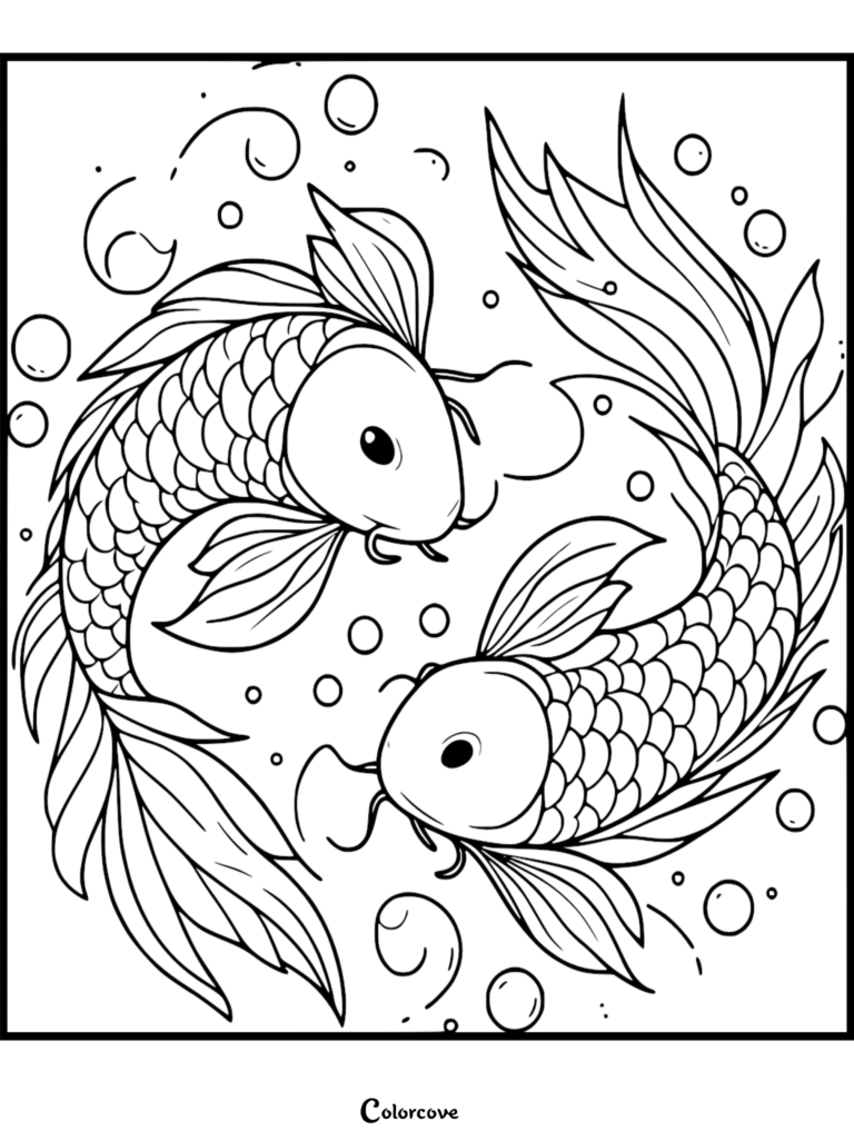 Two koi fish swimming in a circular pattern surrounded by bubbles in this printable coloring page.