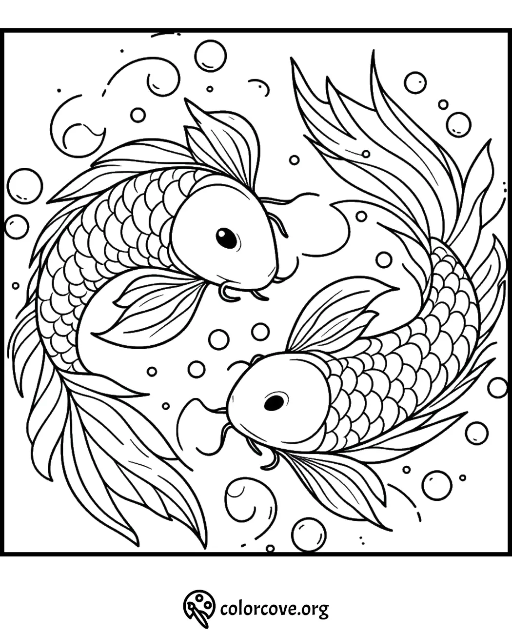 Coloring page featuring two koi fish swimming among bubbles in a circular, harmonious design.