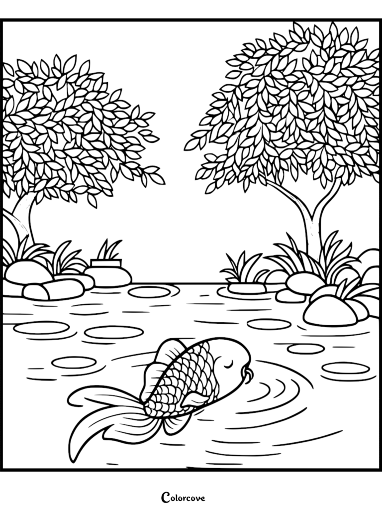 A serene koi fish swimming in a pond with trees and rocks in this printable coloring page.