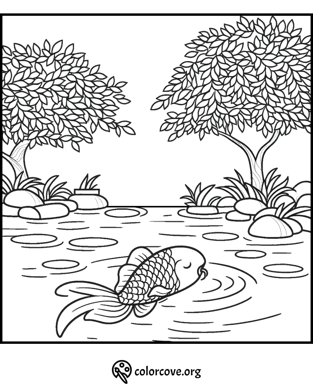 Koi fish in pond with lily pads and trees line art coloring page for relaxation and creativity.