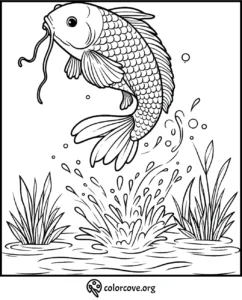 Koi fish leaping from water coloring page with splash and reeds. Download and print for a relaxing art activity.
