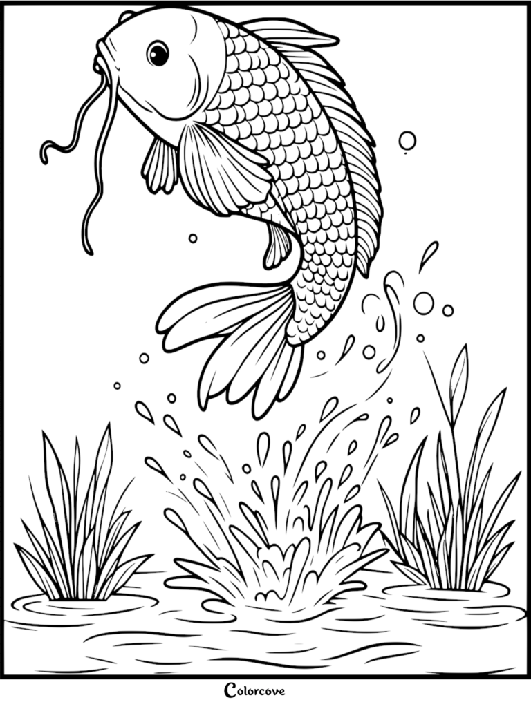 A detailed koi fish leaping out of water with splashes and reeds in this printable coloring page.