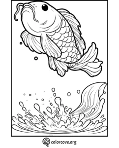 Jumping koi fish coloring page, featuring intricate water splash design. Perfect for stress relief and creativity.