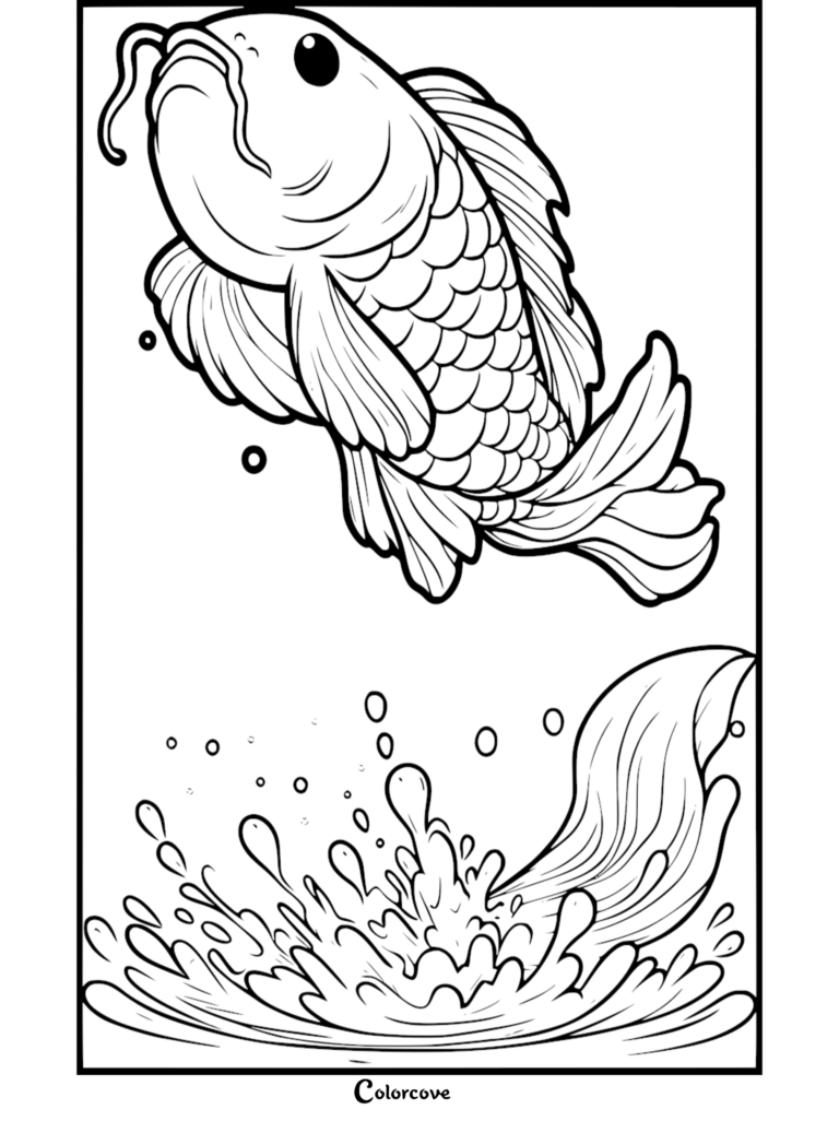 A detailed Koi coloring page showing a fish leaping out of water with splashing droplets.