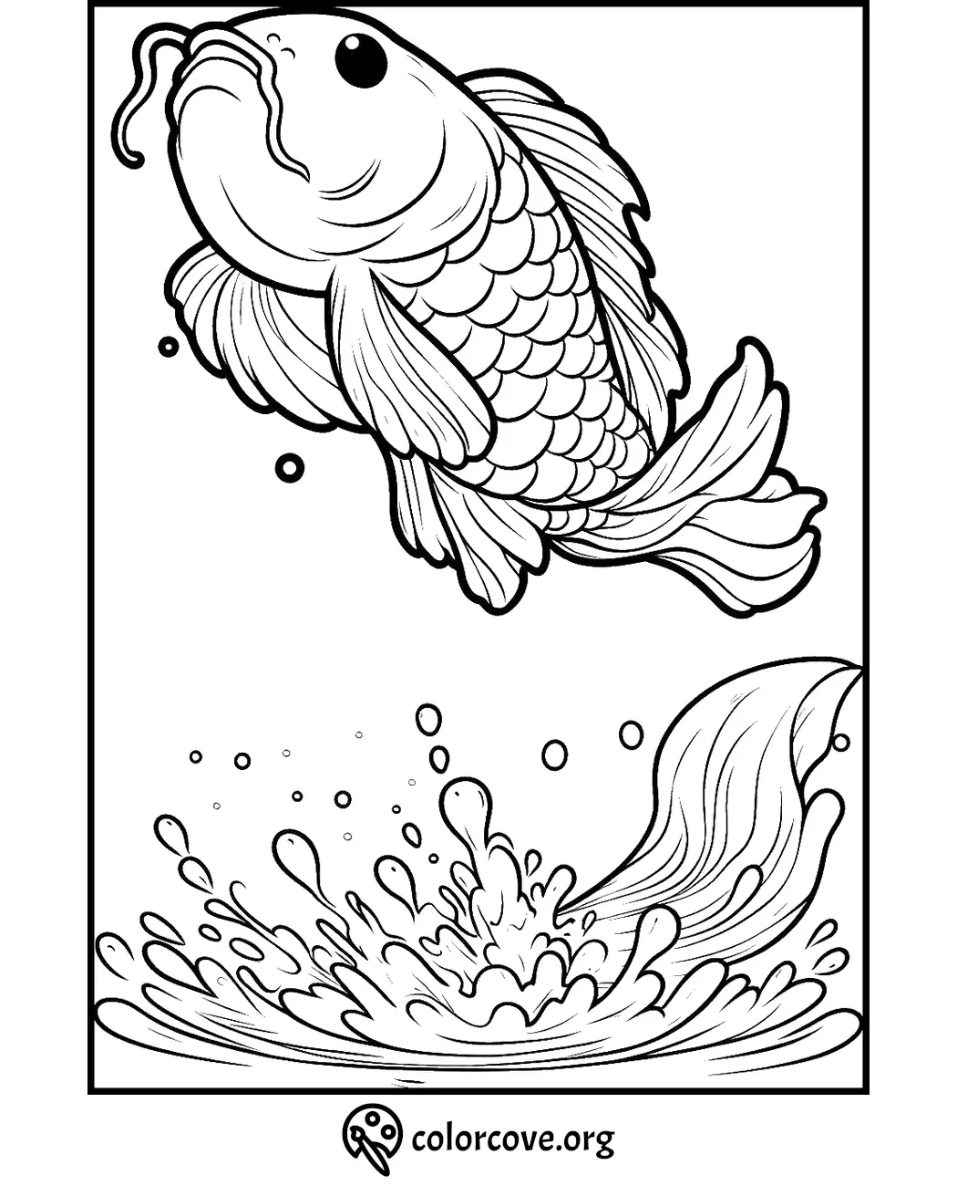 Jumping koi fish coloring page, featuring intricate water splash design. Perfect for stress relief and creativity.