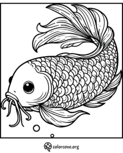 Koi fish coloring page with intricate scales and flowing fins for relaxation and creativity therapy.