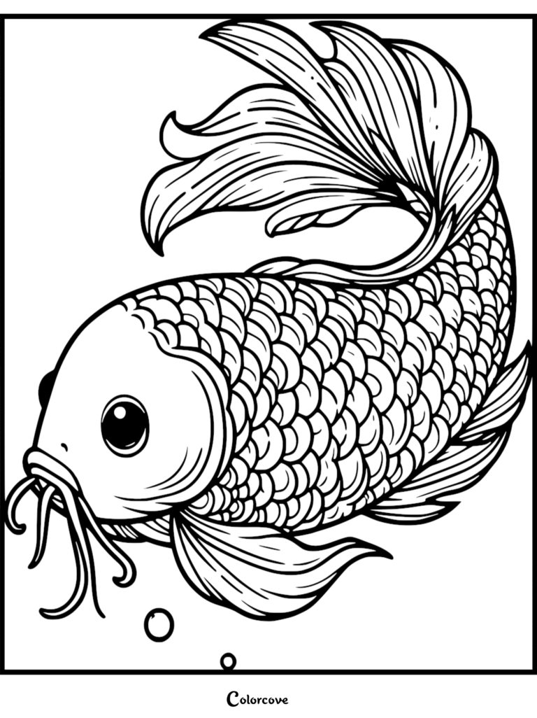 A detailed Koi coloring page featuring a graceful fish with flowing fins and intricate scales swimming with bubbles.