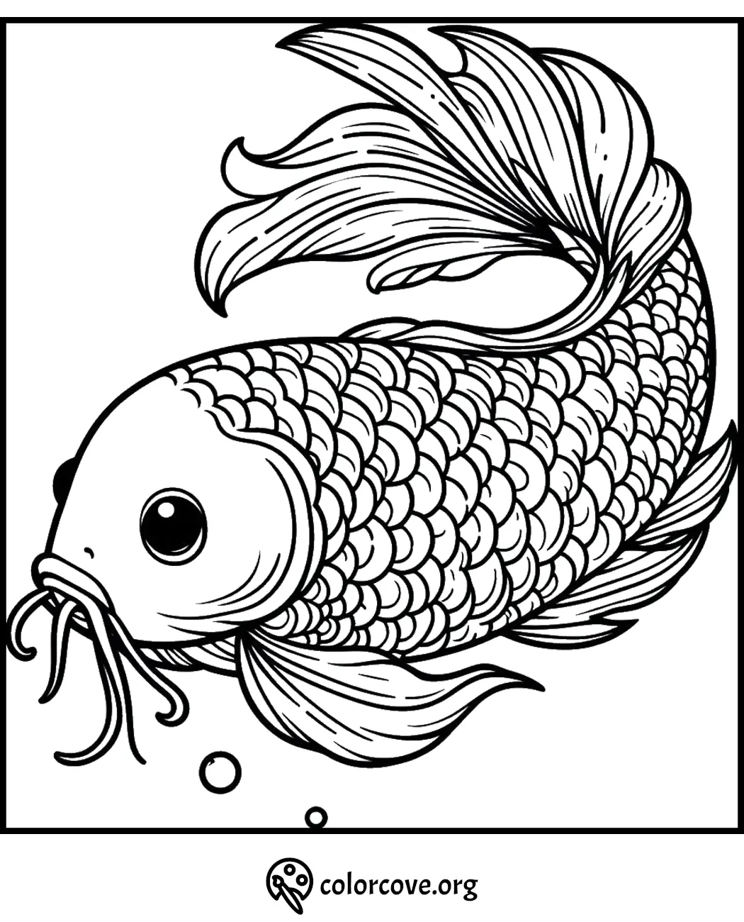 Koi fish coloring page with intricate scales and flowing fins for relaxation and creativity therapy.