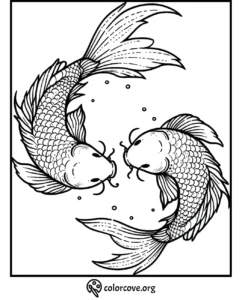 Koi fish coloring page with intricate designs for relaxation and creativity. Printable adult coloring sheet.