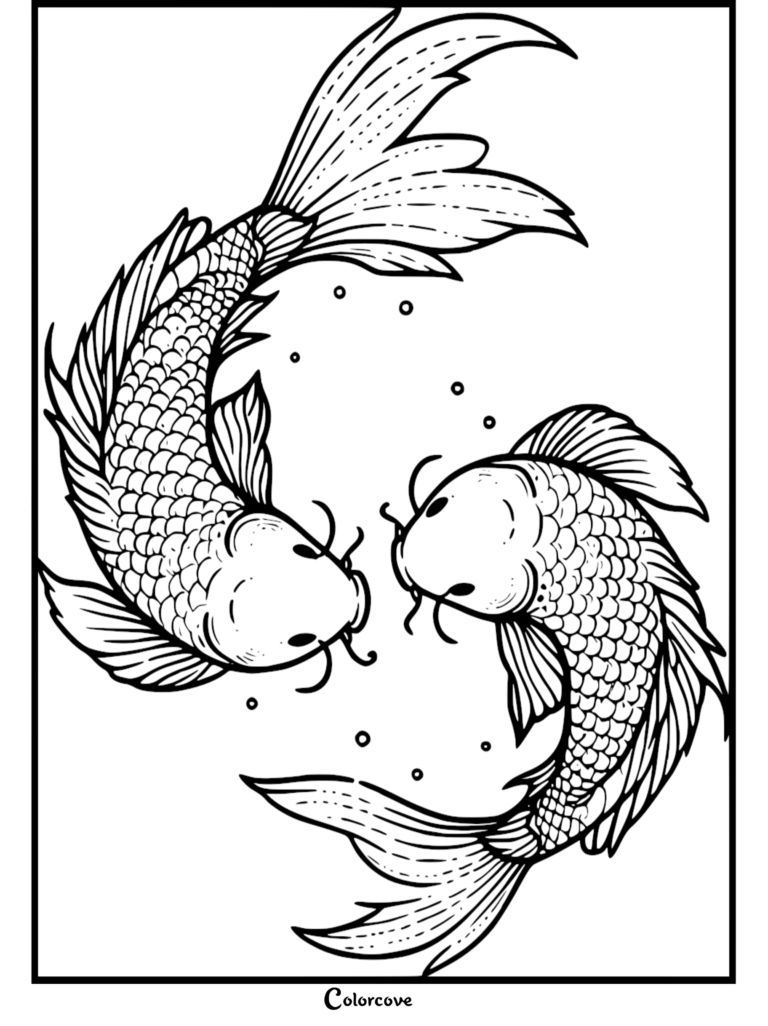 Two koi fish swimming in a circular pattern in this free printable coloring page.