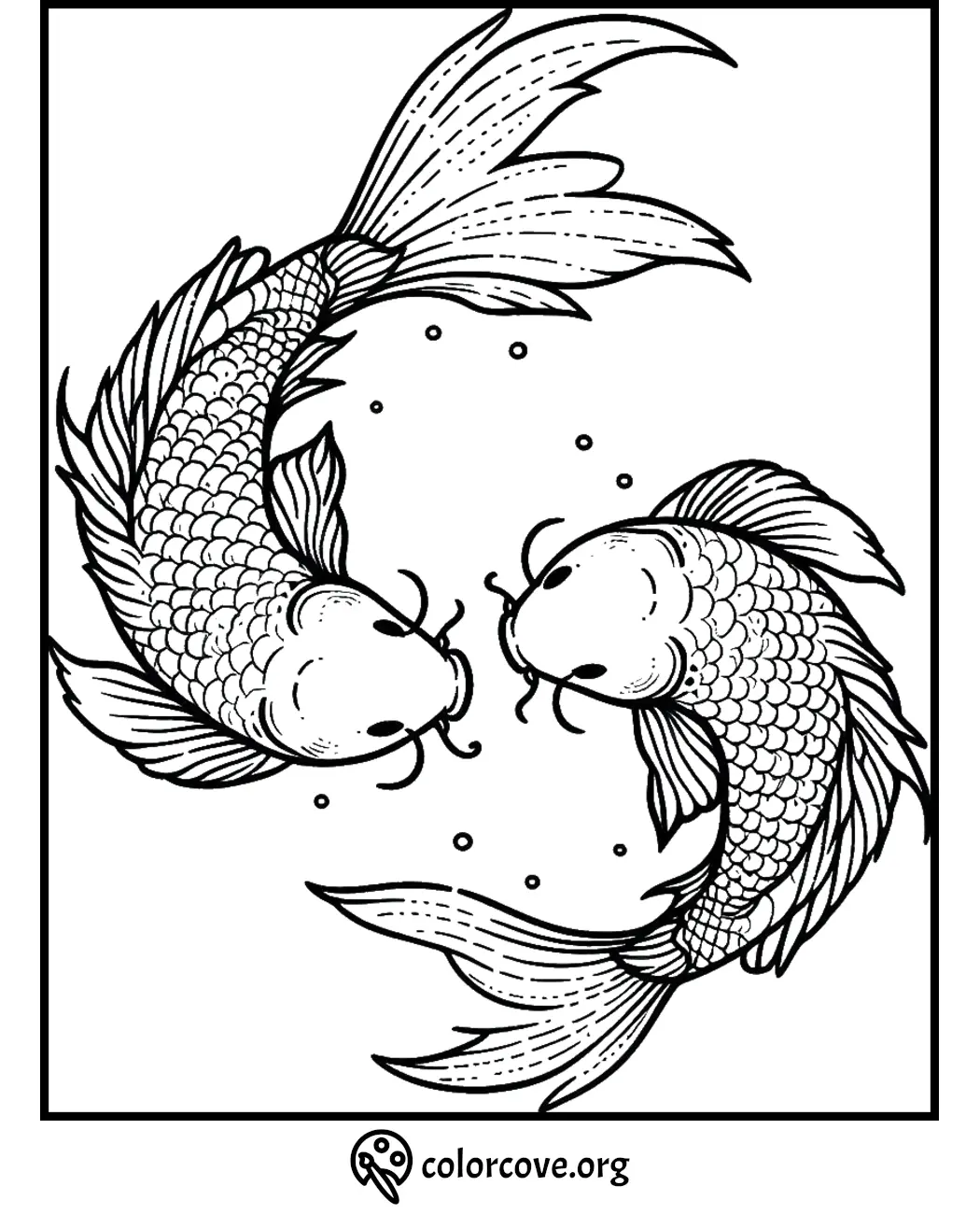 Koi fish coloring page with intricate designs for relaxation and creativity. Printable adult coloring sheet.