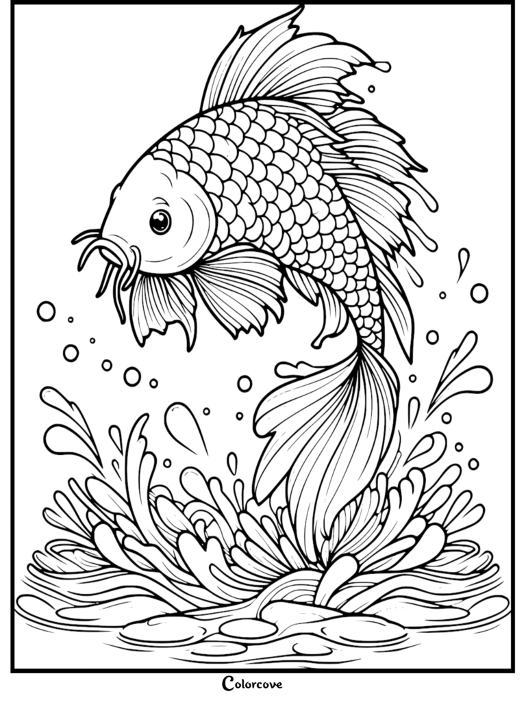 A printable koi coloring page featuring a detailed koi fish jumping out of splashing water with bubbles.