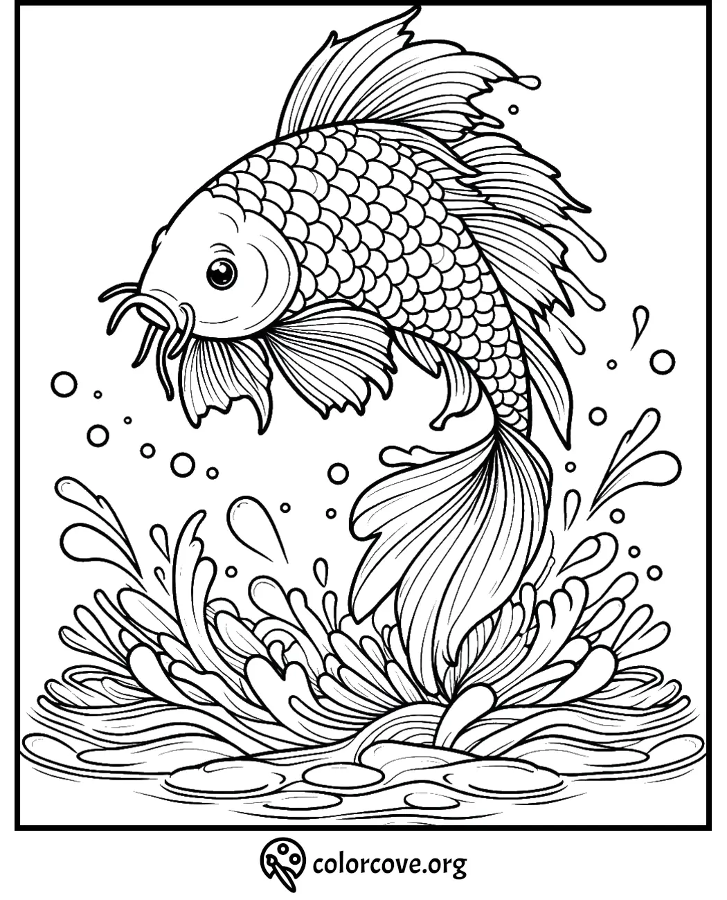 Koi fish coloring page with intricate details, depicting a koi jumping out of water with splash patterns.