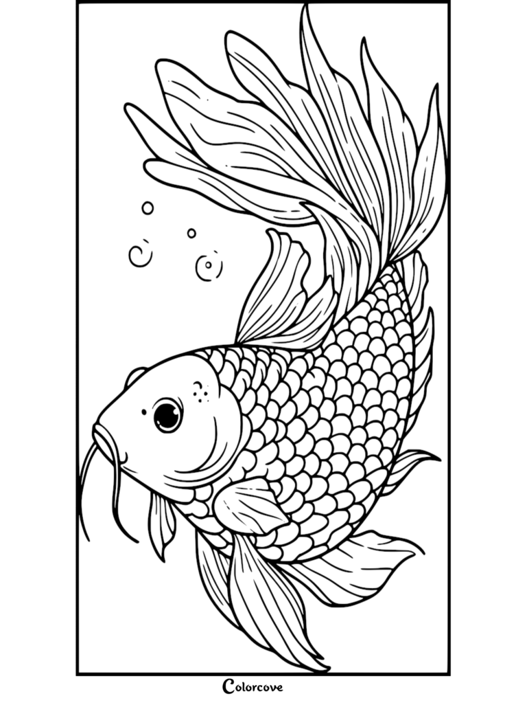 A detailed Koi fish coloring page featuring flowing fins and scales with bubbles.