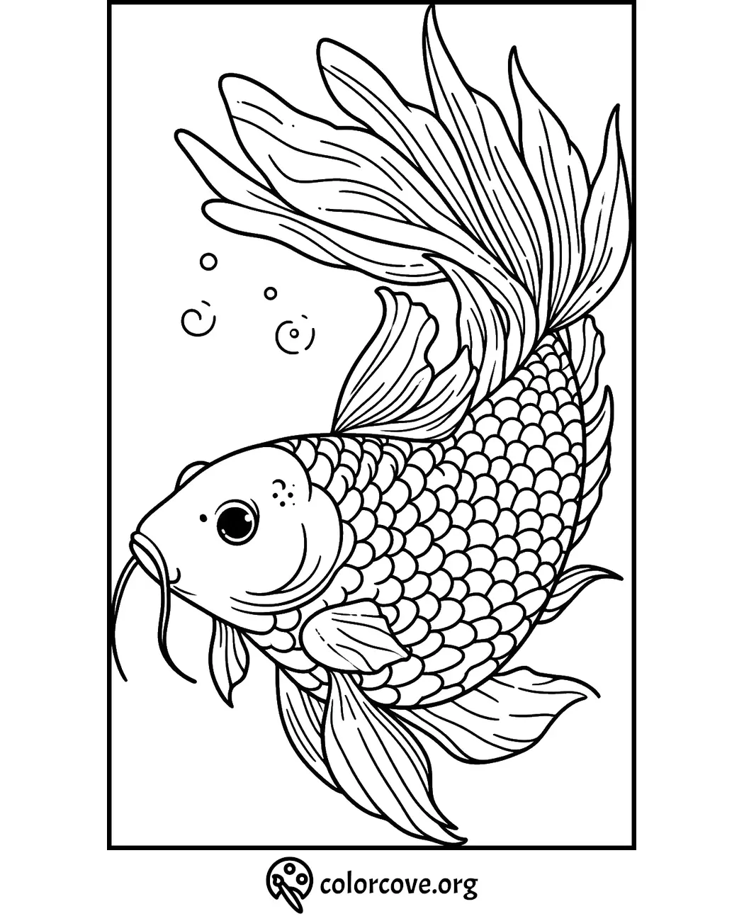 Goldfish coloring page with intricate scales and fins design, perfect for kids' art activities.