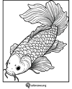 Koi fish coloring page with intricate scales and fins, perfect for adult coloring enthusiasts.