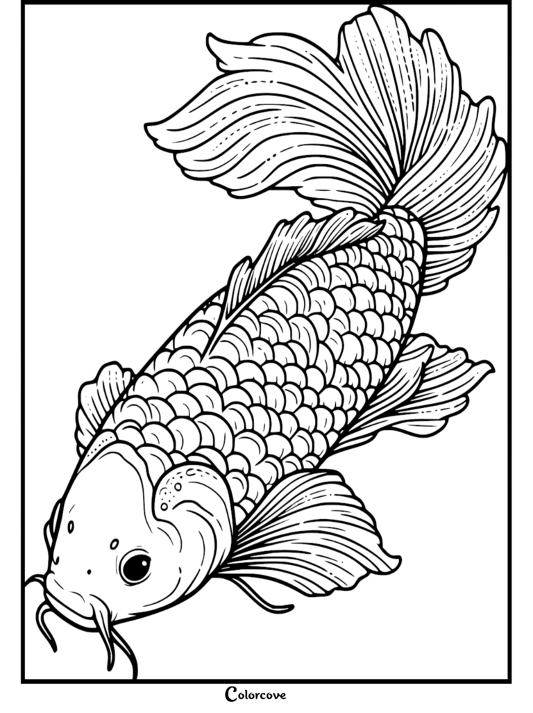 A detailed koi fish coloring page featuring intricate scale patterns and flowing fins.