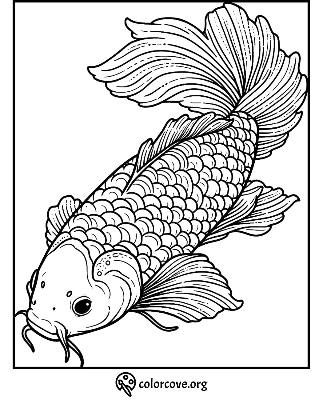 Koi fish coloring page with intricate scales and fins, perfect for adult coloring enthusiasts.