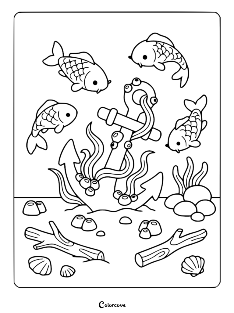 Three cute koi fish swimming around a seaweed-covered anchor on the ocean floor in this printable coloring page.