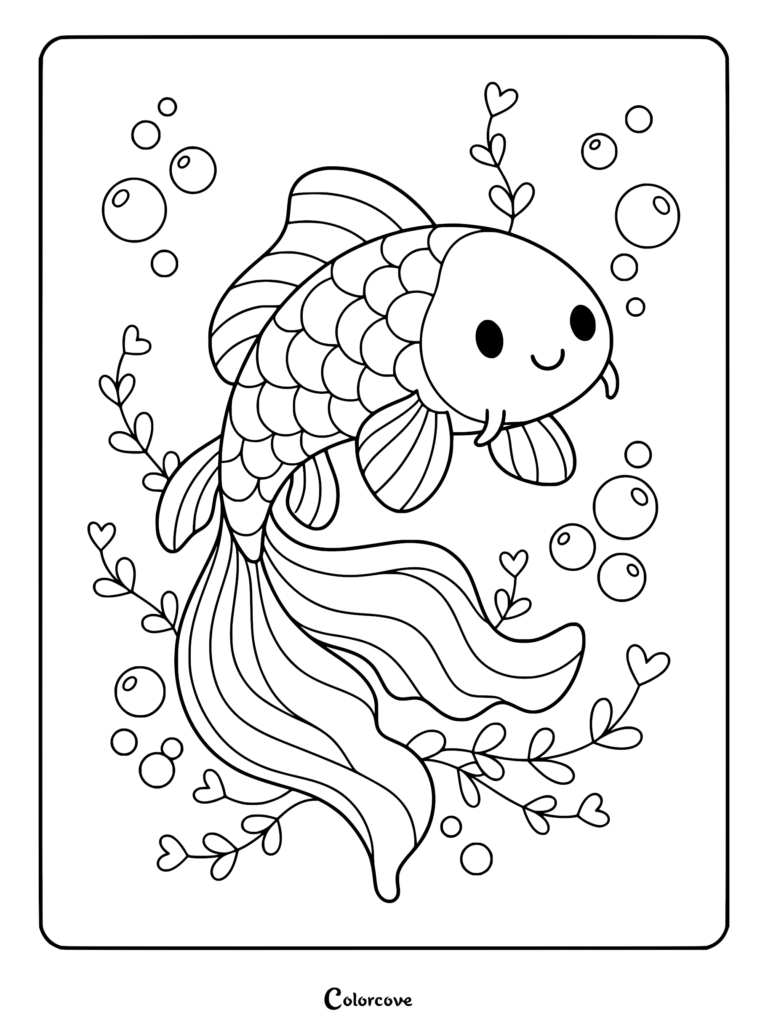 A cute koi fish with heart-shaped bubbles and aquatic plants in a simple line art coloring page style.