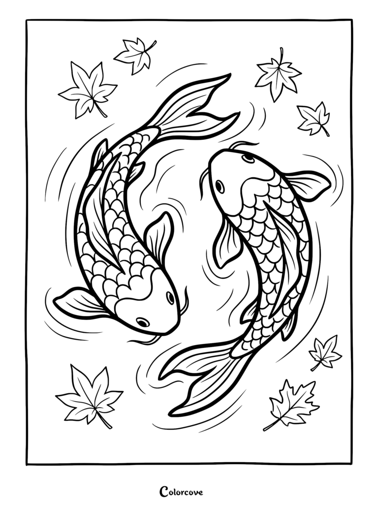 Two koi fish swimming in a circular pattern surrounded by floating maple leaves in this printable coloring page.