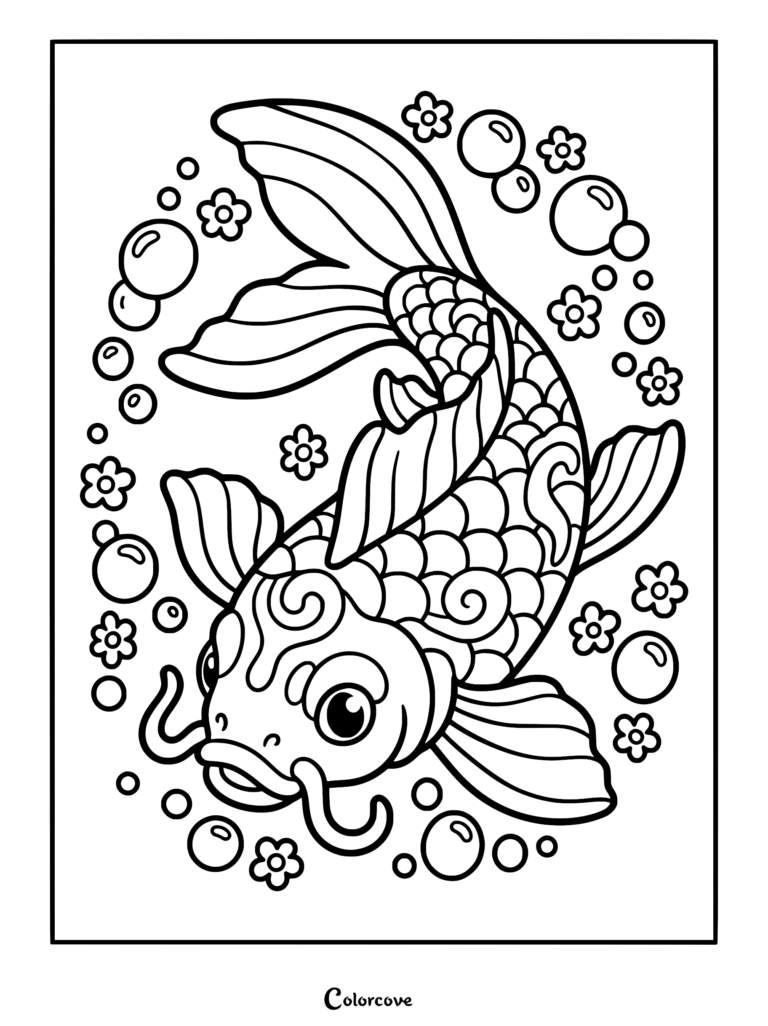 A detailed koi fish coloring page featuring swirling scales, flowing fins, floating bubbles, and small decorative flowers.