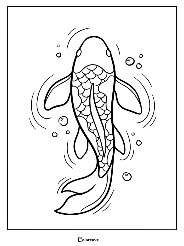 Top-down view of a koi fish with detailed scales swimming among bubbles in a coloring page.