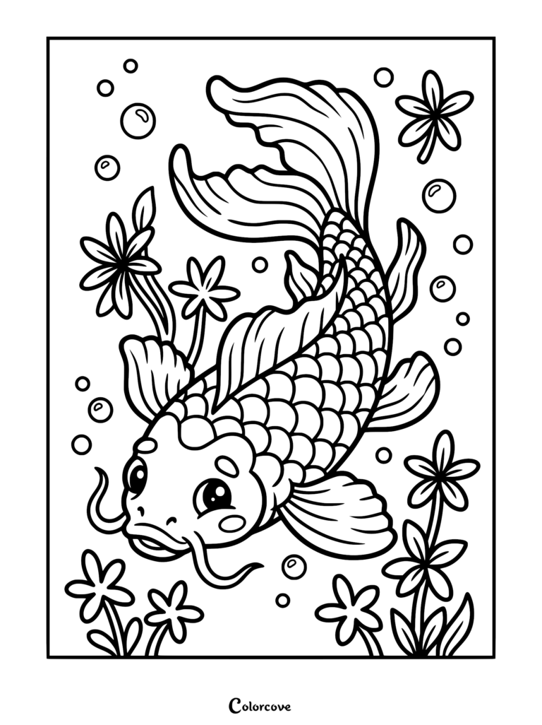 A cute koi fish swimming among aquatic flowers and bubbles in this detailed line art coloring page.