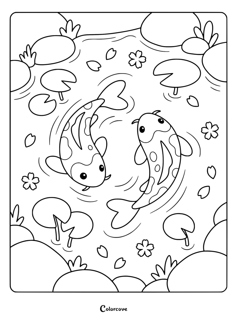 Two koi fish swimming in a circle among lily pads and falling cherry blossoms in this printable coloring page.