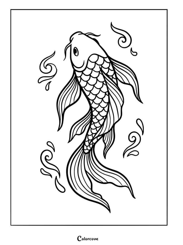 A detailed koi fish coloring page featuring flowing fins and decorative water swirls.