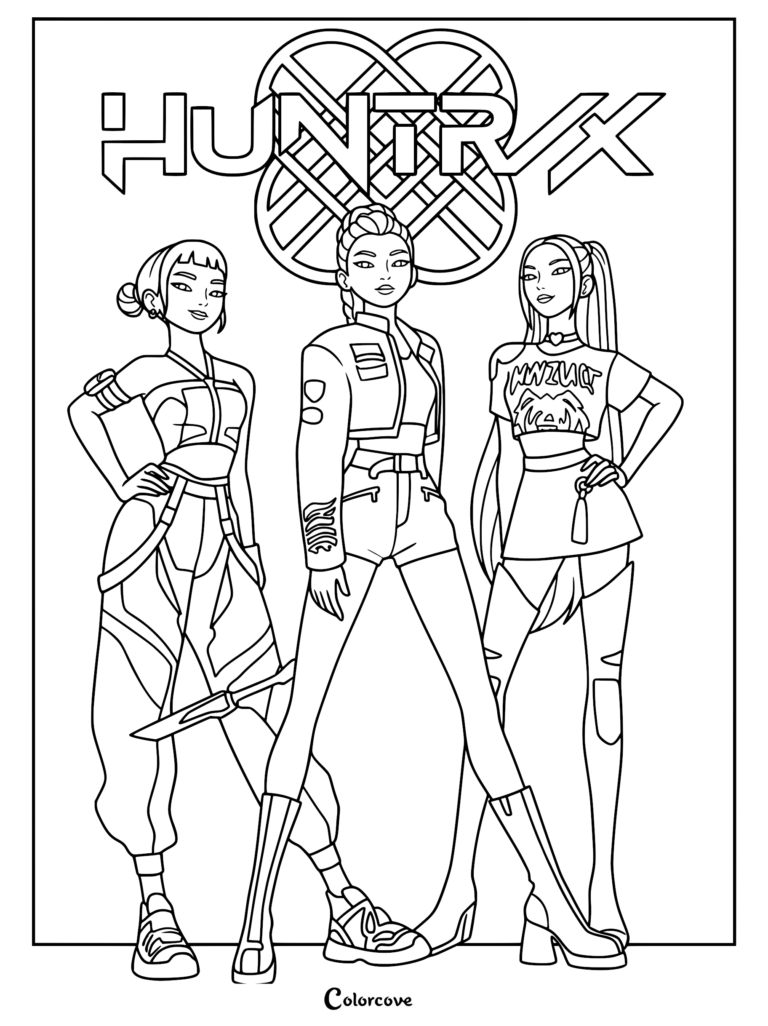 K-pop demon hunters Rumi, Mira, and Zoey from the movie KPop Demon Hunters in a stylish pose, designed as a printable coloring page with the Huntrix group logo overhead.
