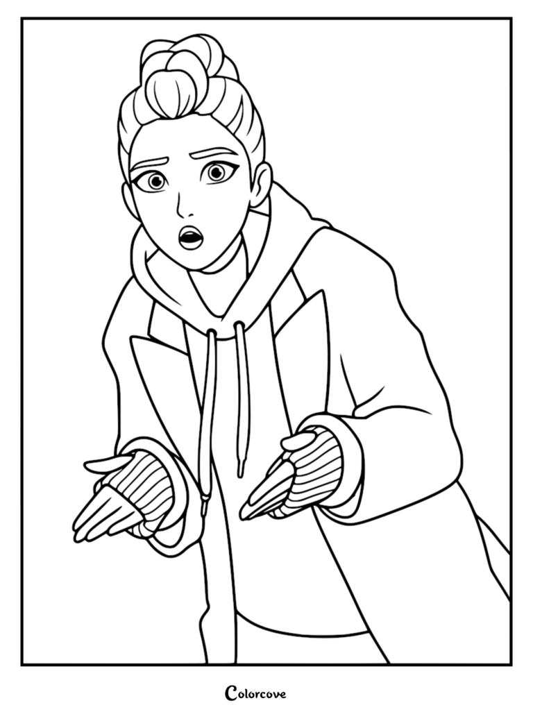 A detailed line art coloring page of Rumi from Kpop Demon Hunters, wearing a hoodie and coat with her hair in an intricate top knot bun, showing a surprised facial expression.