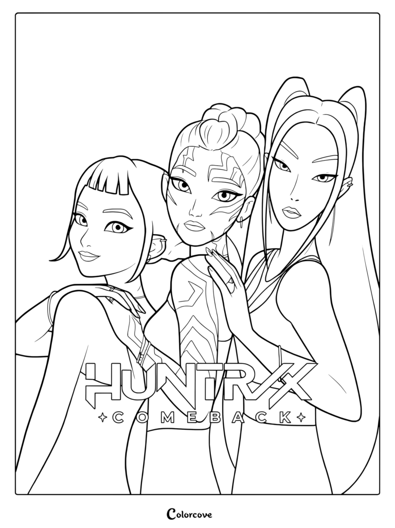 Huntix Kpop demon hunter trio posing for a comeback poster coloring page with detailed character line art.